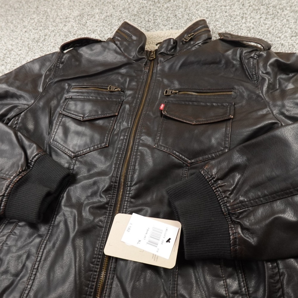 NEW Levis Jacket Mens XL Brown Sherpa Lined Faux Leather Trucker Bomber Coat Zip